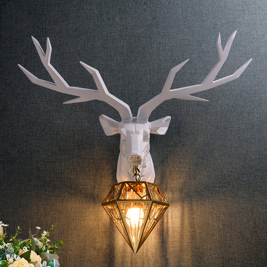 Loft Style Elk Resin Wall Lamp With Diamond Cage Shade - Black/White/Gold Sconce Light 14.5/19.5 W