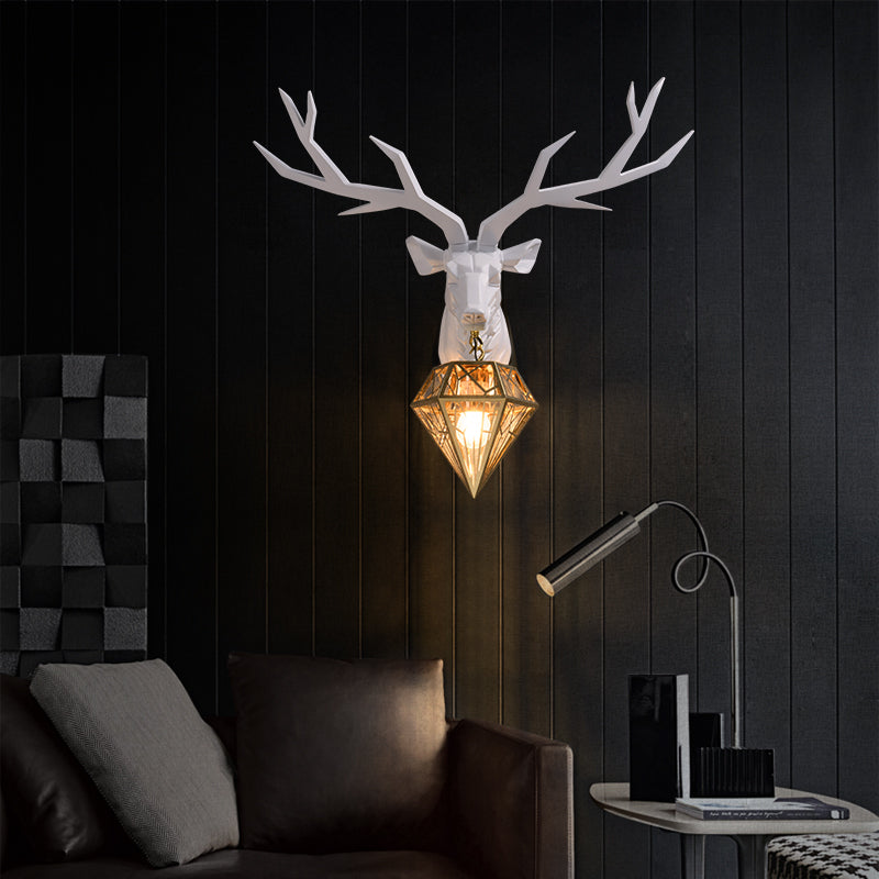 Loft Style Elk Resin Wall Lamp With Diamond Cage Shade - Black/White/Gold Sconce Light 14.5/19.5 W