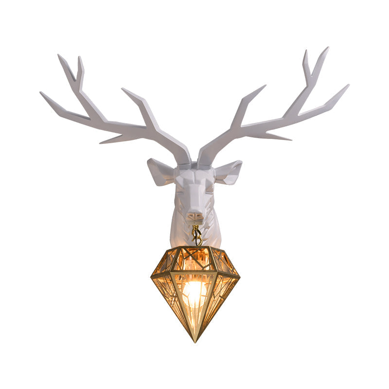 Loft Style Elk Resin Wall Lamp With Diamond Cage Shade - Black/White/Gold Sconce Light 14.5/19.5 W