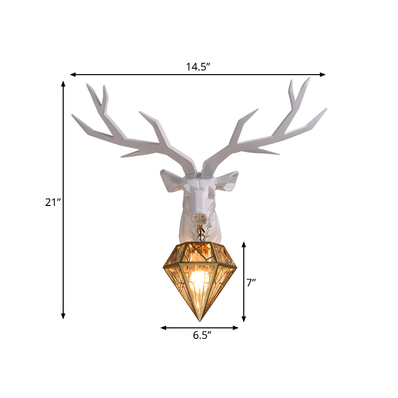 Loft Style Elk Resin Wall Lamp With Diamond Cage Shade - Black/White/Gold Sconce Light 14.5/19.5 W