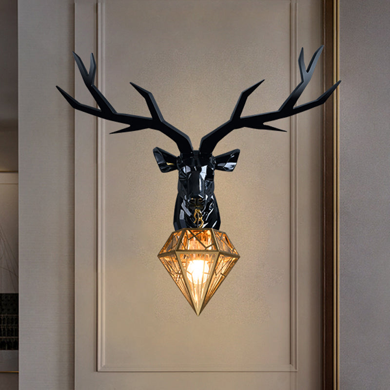 Loft Style Elk Resin Wall Lamp With Diamond Cage Shade - Black/White/Gold Sconce Light 14.5/19.5 W