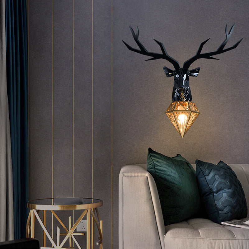 Loft Style Elk Resin Wall Lamp With Diamond Cage Shade - Black/White/Gold Sconce Light 14.5/19.5 W