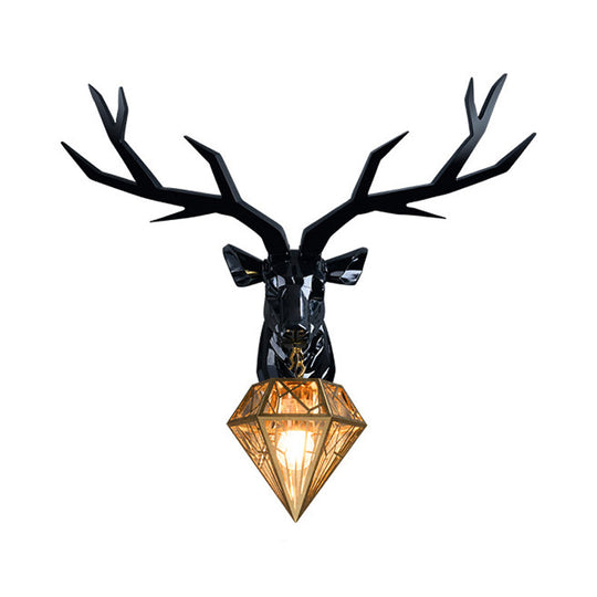 Loft Style Elk Resin Wall Lamp With Diamond Cage Shade - Black/White/Gold Sconce Light 14.5/19.5 W