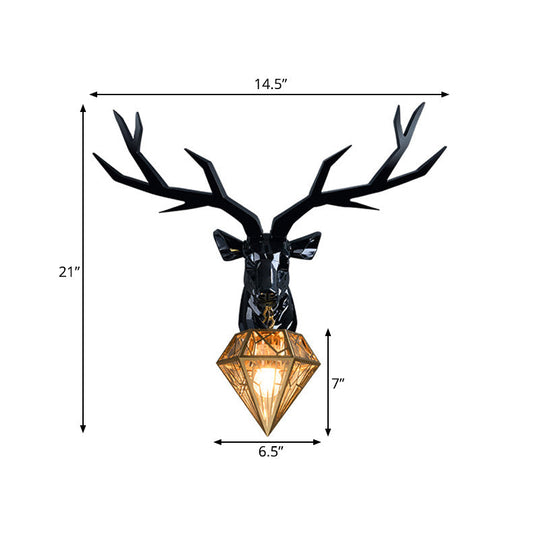 Loft Style Elk Resin Wall Lamp With Diamond Cage Shade - Black/White/Gold Sconce Light 14.5/19.5 W