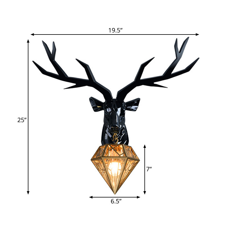 Loft Style Elk Resin Wall Lamp With Diamond Cage Shade - Black/White/Gold Sconce Light 14.5/19.5 W