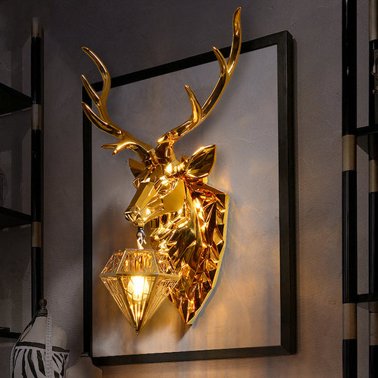 Country Style Diamond Cage Foyer Wall Light Sconce With Elk Backplate - Gold 16/26 Wide