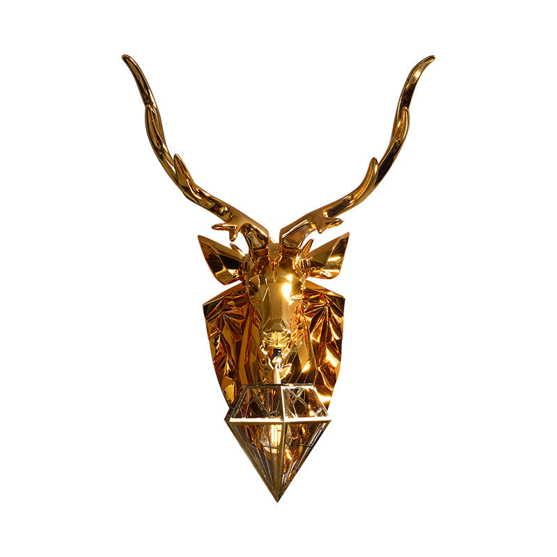 Country Style Diamond Cage Foyer Wall Light Sconce With Elk Backplate - Gold 16/26 Wide