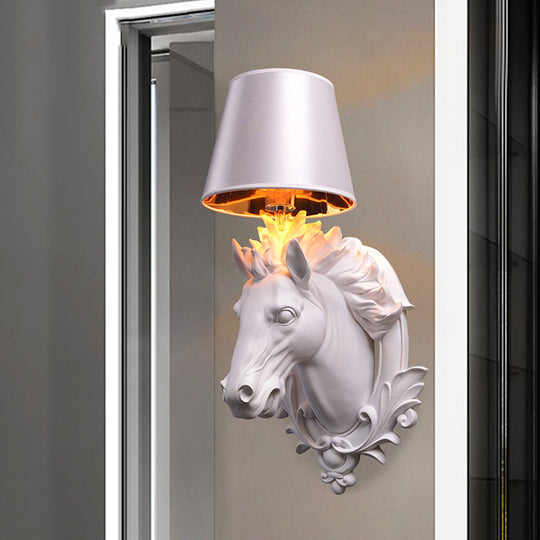 White Horse Wall Mount Lamp - Countryside Resin Sconce With Cone Shade For Living Room (1 Bulb