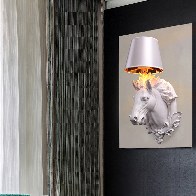 White Horse Wall Mount Lamp - Countryside Resin Sconce With Cone Shade For Living Room (1 Bulb