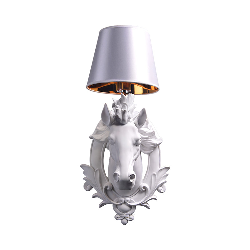 White Horse Wall Mount Lamp - Countryside Resin Sconce With Cone Shade For Living Room (1 Bulb