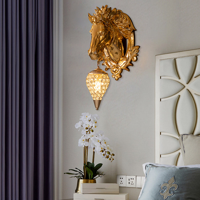 Golden Horse Resin Wall Sconce Lamp With Crystal Teardrop Shade - Traditional Lighting Gold / 9.5