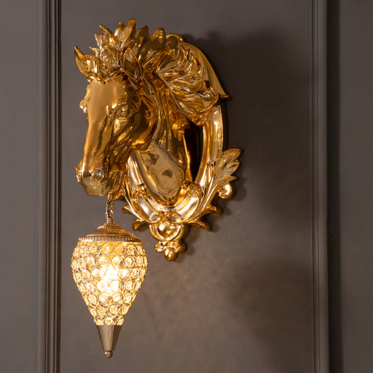 Golden Horse Resin Wall Sconce Lamp With Crystal Teardrop Shade - Traditional Lighting