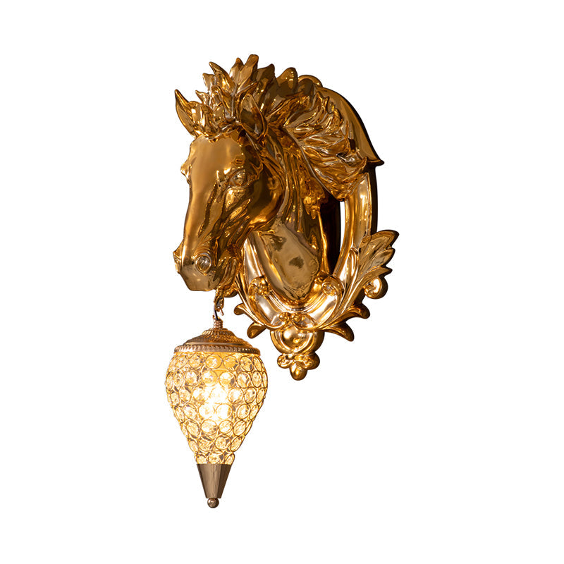 Golden Horse Resin Wall Sconce Lamp With Crystal Teardrop Shade - Traditional Lighting