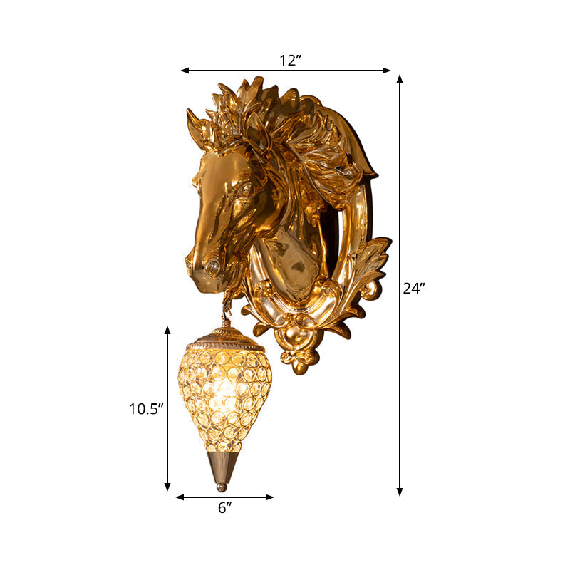 Golden Horse Resin Wall Sconce Lamp With Crystal Teardrop Shade - Traditional Lighting