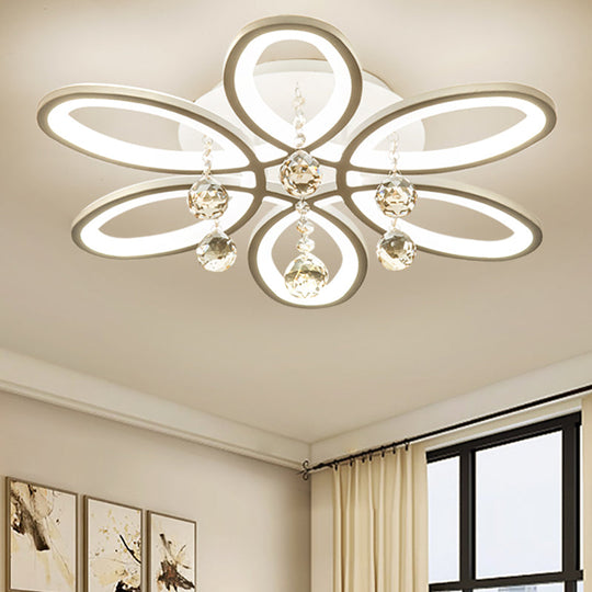 White Acrylic Floral Flush Mount LED Ceiling Light with Crystal Ball - Modernist Fixture for Bedroom