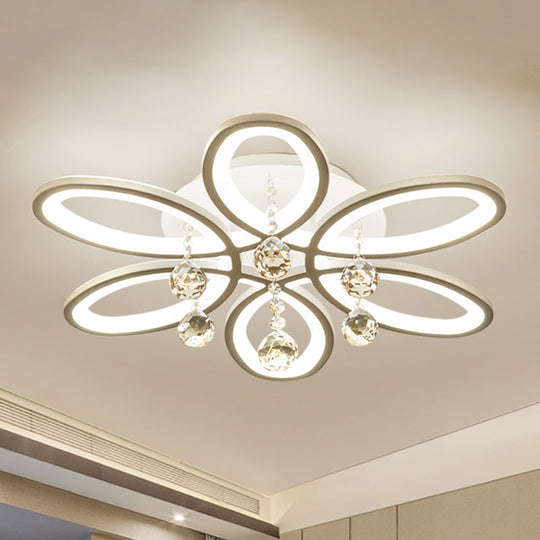 White Acrylic Floral Flush Mount LED Ceiling Light with Crystal Ball - Modernist Fixture for Bedroom