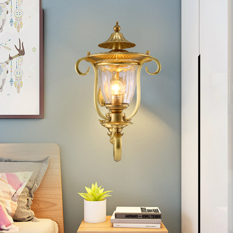 Colonial Curved Arm Brass Gold Wall Sconce With Clear Glass Shade - 1/2 Head Mounted Lamp