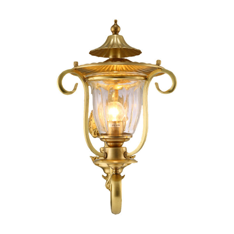 Colonial Curved Arm Brass Gold Wall Sconce With Clear Glass Shade - 1/2 Head Mounted Lamp