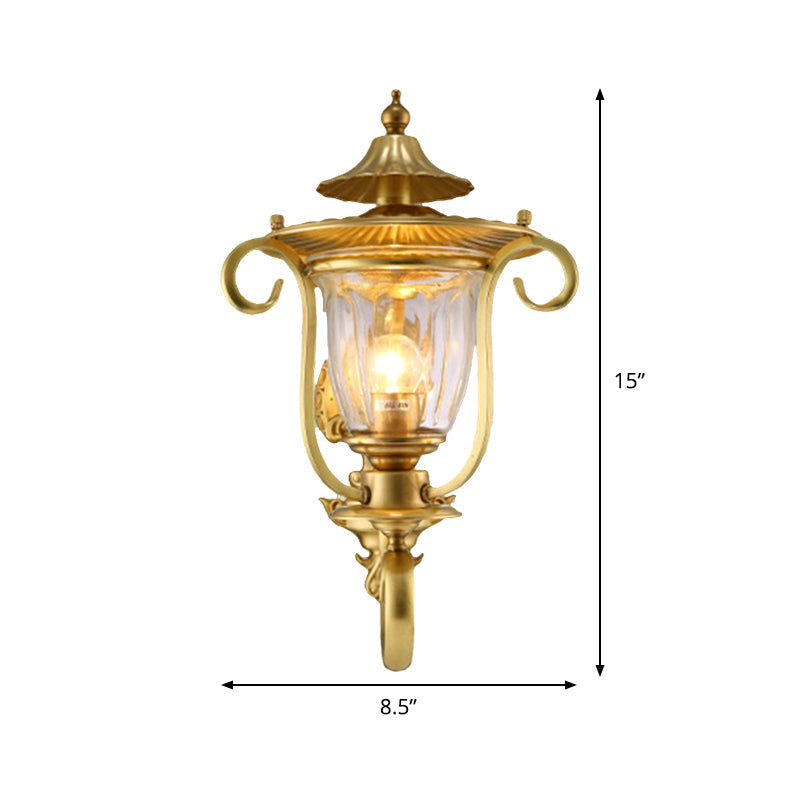 Colonial Curved Arm Brass Gold Wall Sconce With Clear Glass Shade - 1/2 Head Mounted Lamp