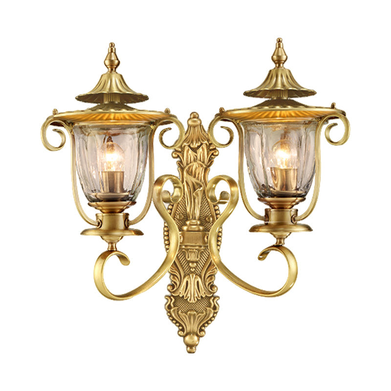 Colonial Curved Arm Brass Gold Wall Sconce With Clear Glass Shade - 1/2 Head Mounted Lamp