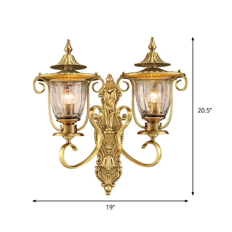 Colonial Curved Arm Brass Gold Wall Sconce With Clear Glass Shade - 1/2 Head Mounted Lamp