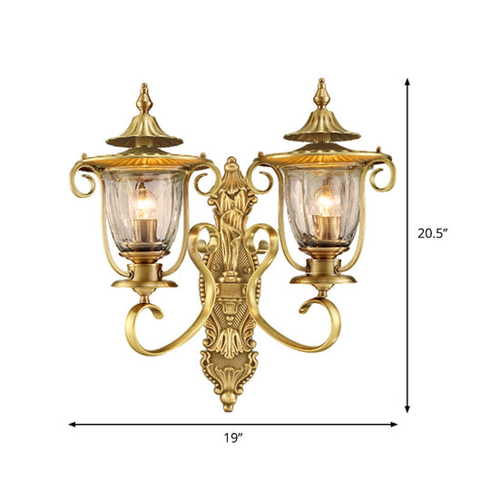 Colonial Curved Arm Brass Gold Wall Sconce With Clear Glass Shade - 1/2 Head Mounted Lamp