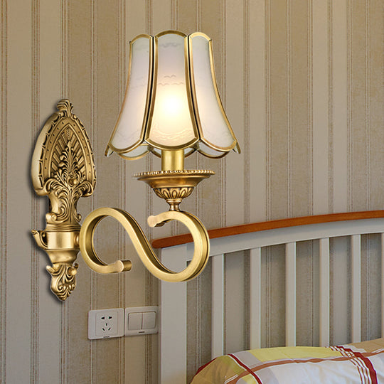 Golden Retro Sconce Light With Metallic Flared Beveled Glass Shade - Curved Arm Wall Lighting