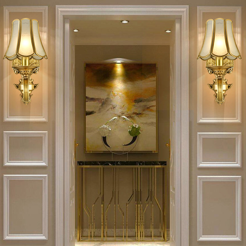 Golden Retro Sconce Light With Metallic Flared Beveled Glass Shade - Curved Arm Wall Lighting