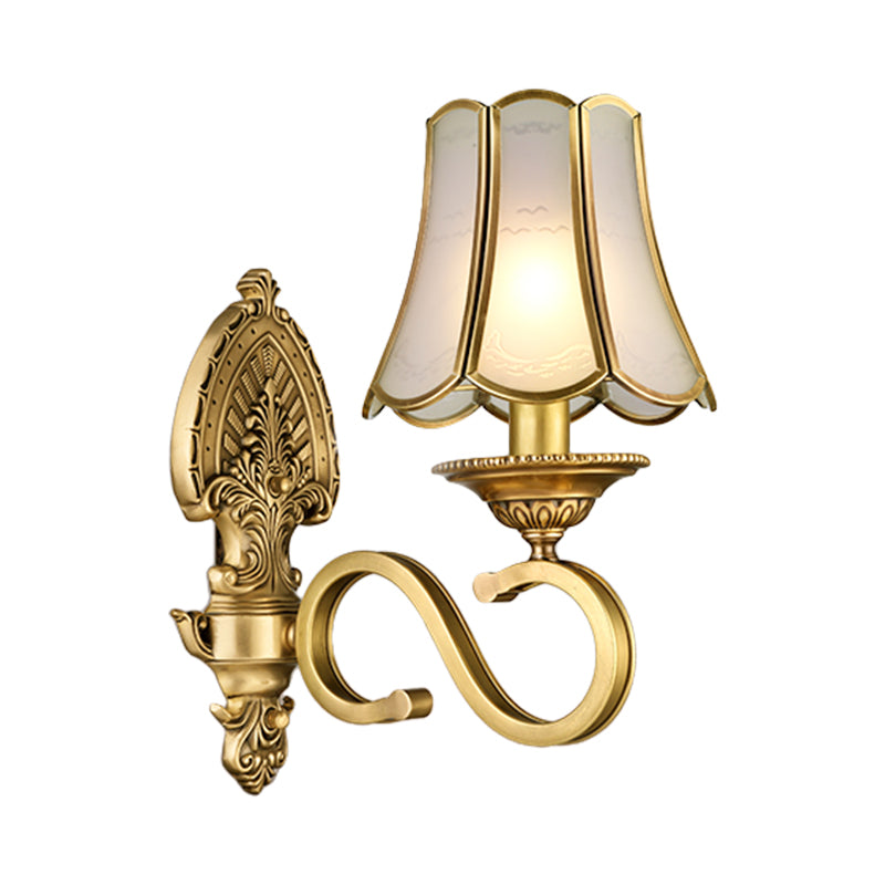 Golden Retro Sconce Light With Metallic Flared Beveled Glass Shade - Curved Arm Wall Lighting