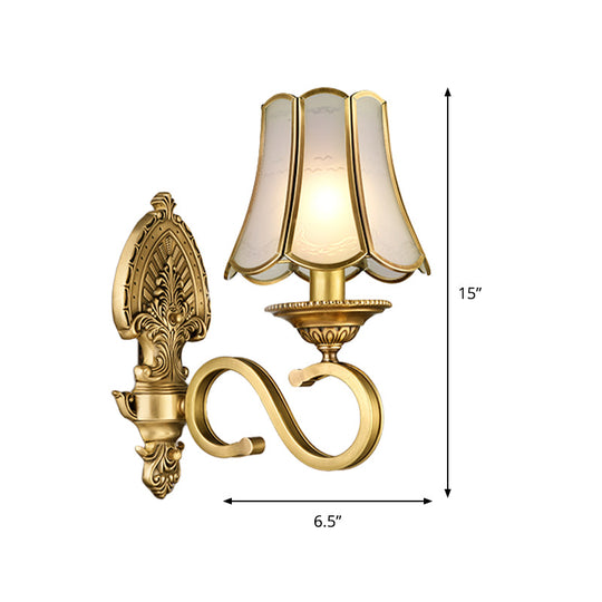 Golden Retro Sconce Light With Metallic Flared Beveled Glass Shade - Curved Arm Wall Lighting