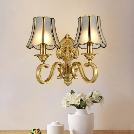 Golden Retro Sconce Light With Metallic Flared Beveled Glass Shade - Curved Arm Wall Lighting 2 /