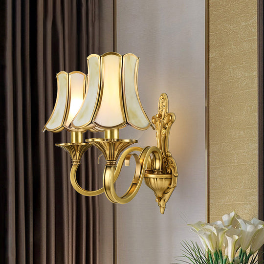 Golden Retro Sconce Light With Metallic Flared Beveled Glass Shade - Curved Arm Wall Lighting