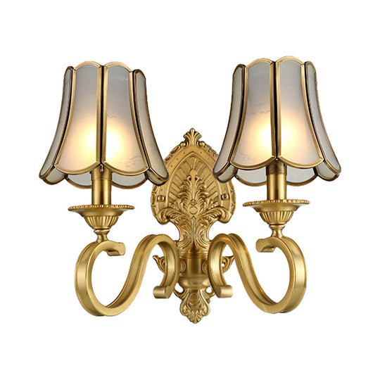 Golden Retro Sconce Light With Metallic Flared Beveled Glass Shade - Curved Arm Wall Lighting