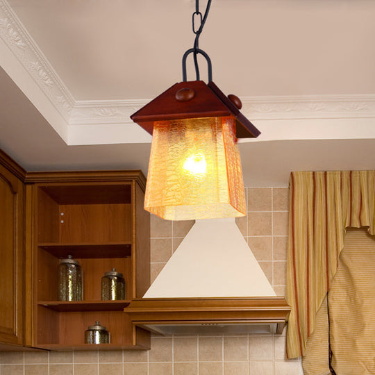 Square Pyramid Hanging Pendant Mission Ceiling Lamp - Textured White Glass With Brown Shade