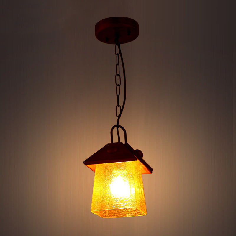 Square Pyramid Hanging Pendant Mission Ceiling Lamp - Textured White Glass With Brown Shade