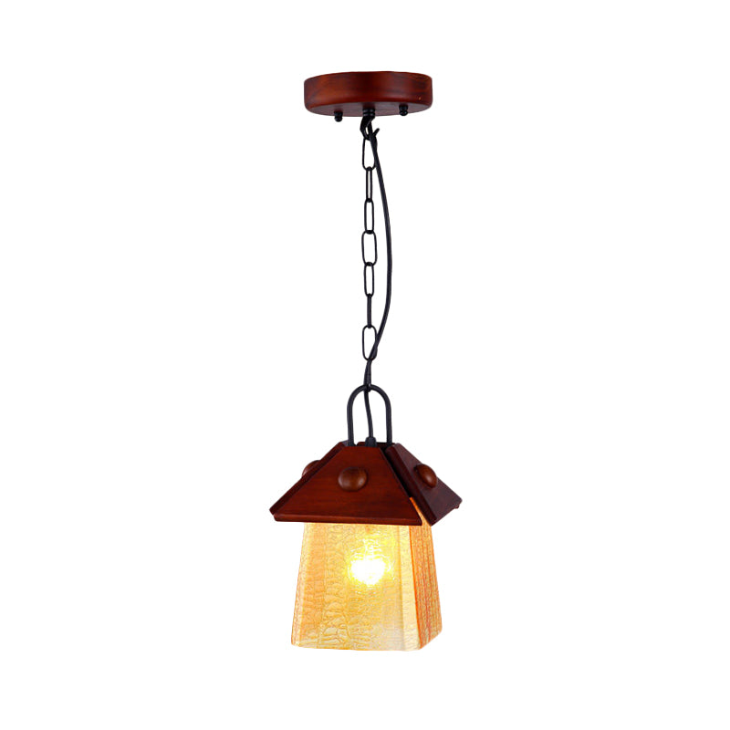 Square Pyramid Hanging Pendant Mission Ceiling Lamp - Textured White Glass With Brown Shade