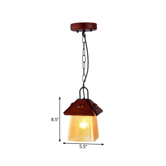 Square Pyramid Hanging Pendant Mission Ceiling Lamp - Textured White Glass With Brown Shade