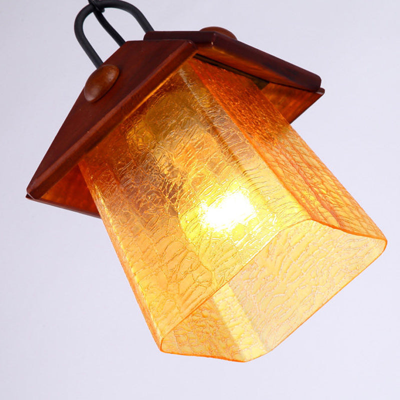 Square Pyramid Hanging Pendant Mission Ceiling Lamp - Textured White Glass With Brown Shade