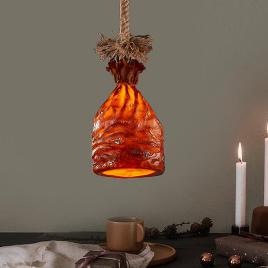 Traditional Dark Brown/Beige Resin Pendant Light Ceiling Lamp - 1 Bulb Suspended Money Sack Design