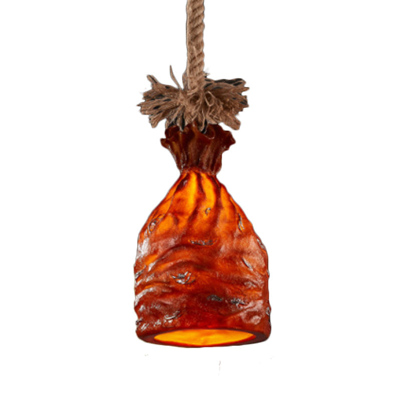 Traditional Dark Brown/Beige Resin Pendant Light Ceiling Lamp - 1 Bulb Suspended Money Sack Design