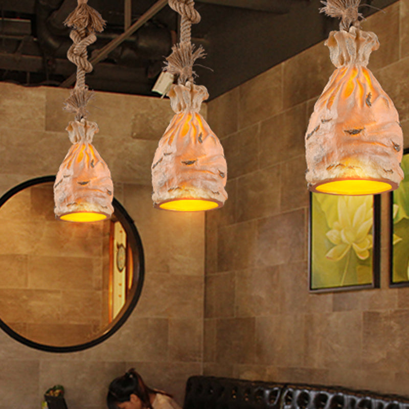 Traditional Dark Brown/Beige Resin Pendant Light Ceiling Lamp - 1 Bulb Suspended Money Sack Design