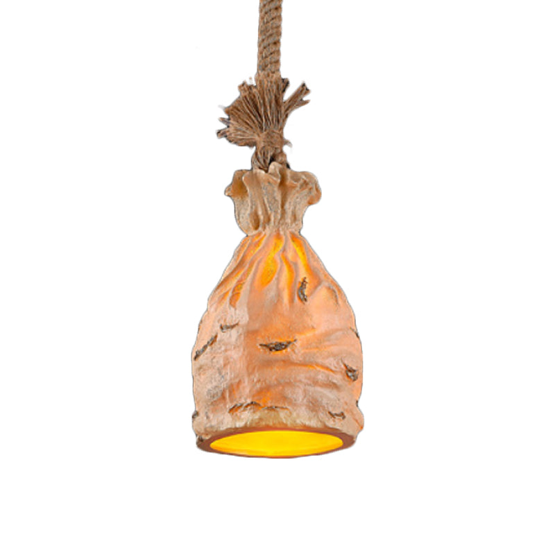 Traditional Dark Brown/Beige Resin Pendant Light Ceiling Lamp - 1 Bulb Suspended Money Sack Design