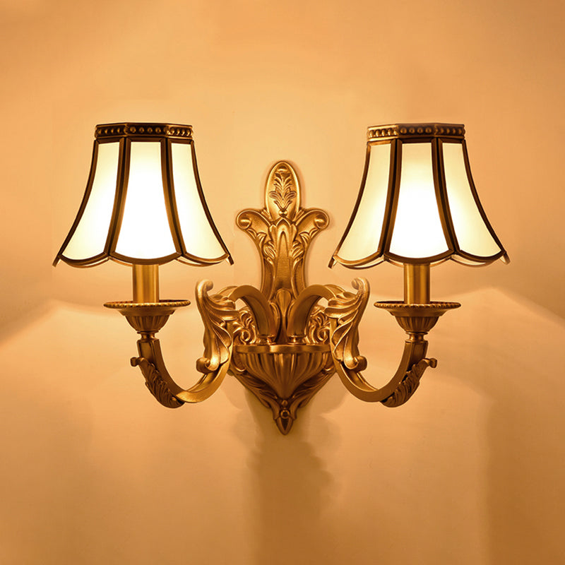 Frosted Glass Wall Sconce With Flared Design - Traditional 1/2 Lights White Mounted Lamp 2 / Gold