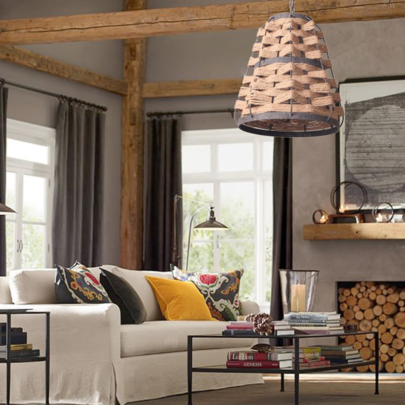 Rustic Hemp Rope Pendant Ceiling Lamp With Metal Frame