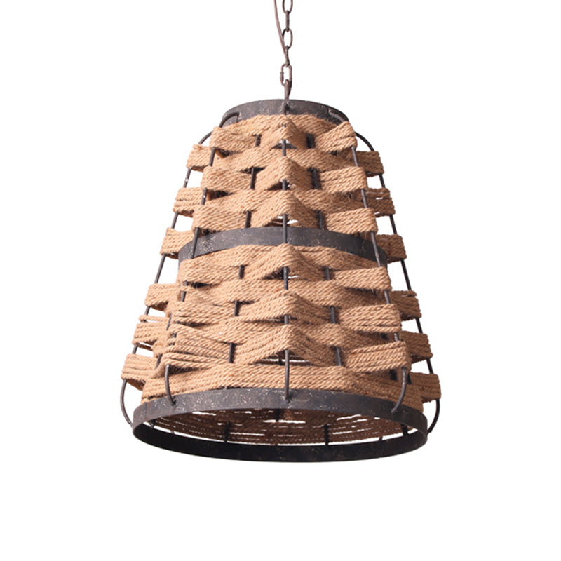 Rustic Hemp Rope Pendant Ceiling Lamp With Metal Frame