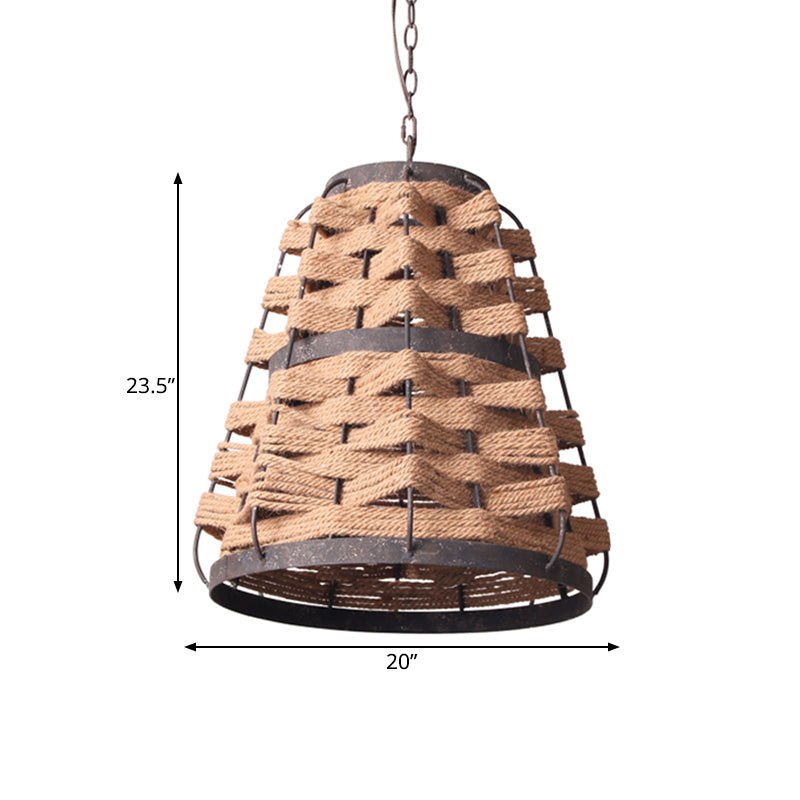 Rustic Hemp Rope Pendant Ceiling Lamp With Metal Frame