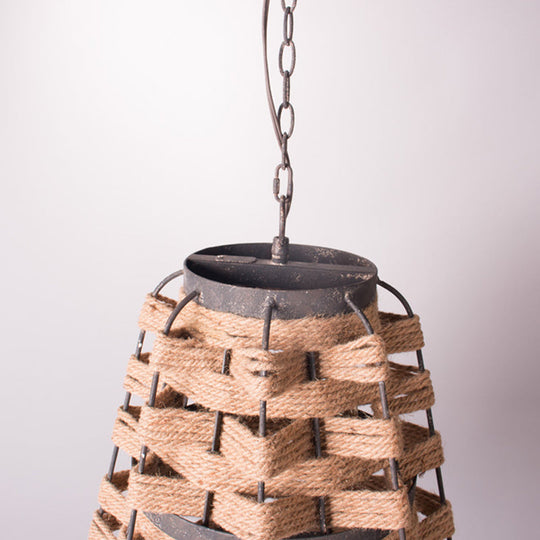 Rustic Hemp Rope Pendant Ceiling Lamp With Metal Frame