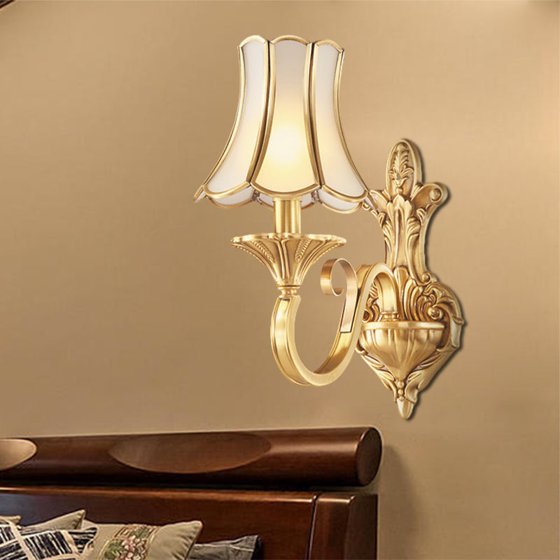 Colonial Style Wall Mount Brass Gold Sconce With Scrolled Arm And Bulbs