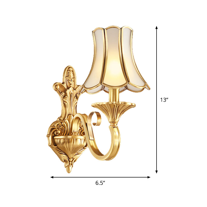 Colonial Style Wall Mount Brass Gold Sconce With Scrolled Arm And Bulbs