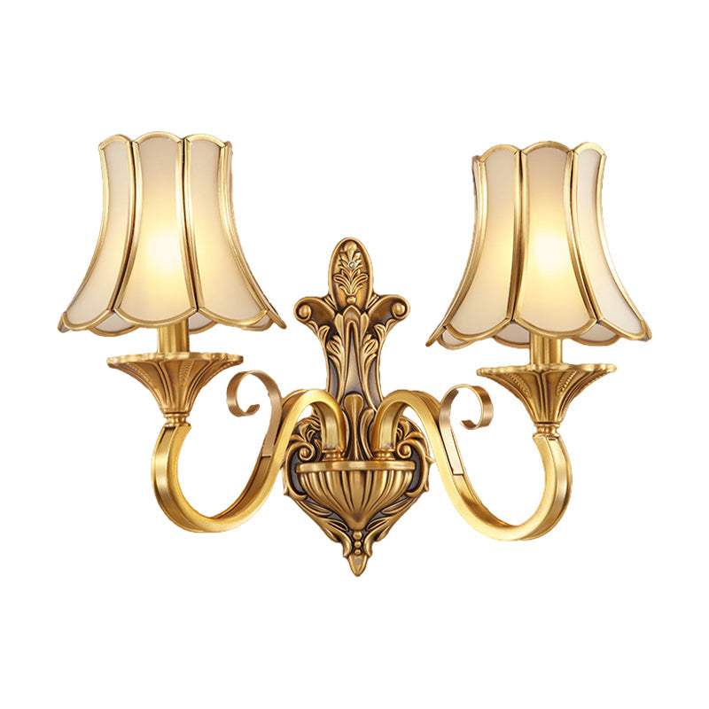 Colonial Style Wall Mount Brass Gold Sconce With Scrolled Arm And Bulbs